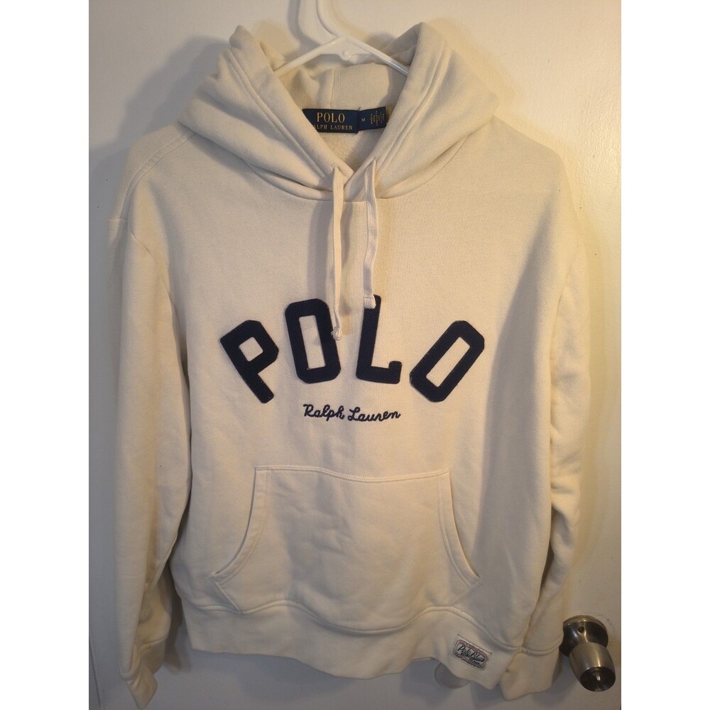 Polo Ralph Lauren Hoodie Mens M Cream Spellout Fleece Pullover Sweatshirt